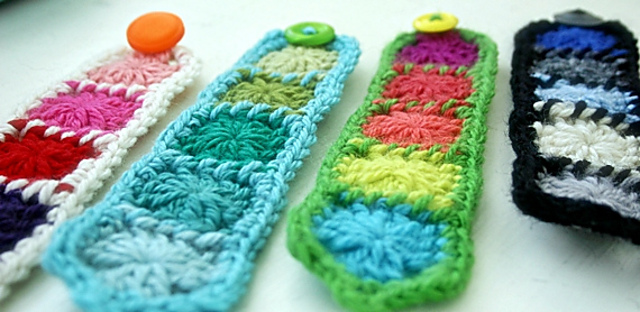 Colorful crochet cuff bracelet made using granny square