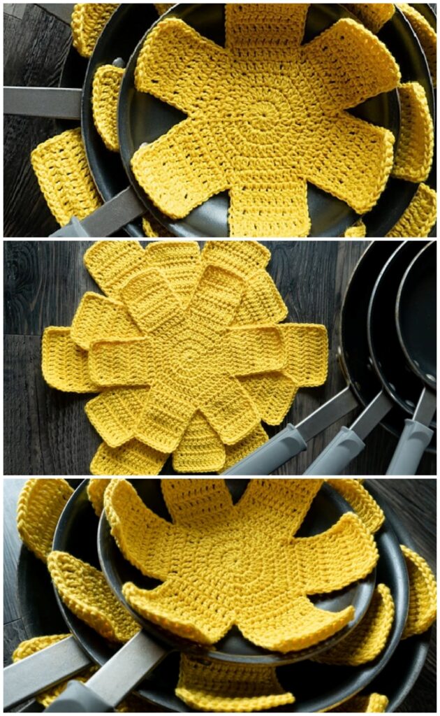 Yellow crocheted pan protectors