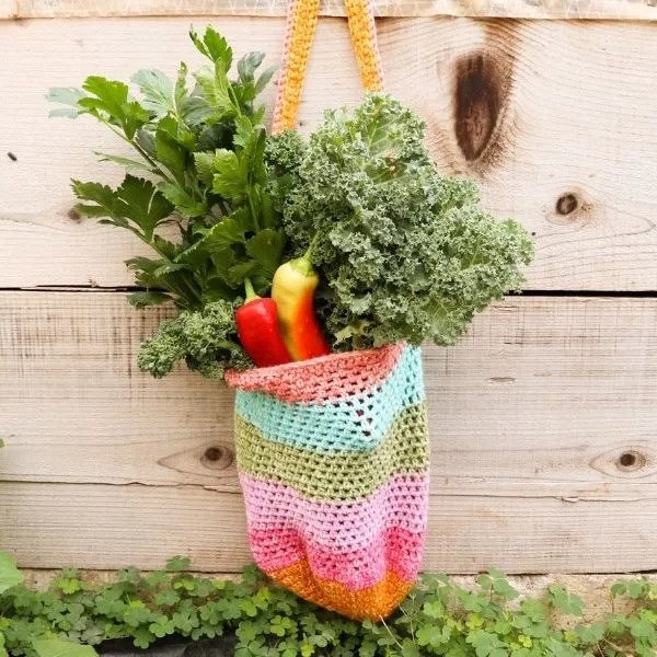 Veggies inside a crochet market bag