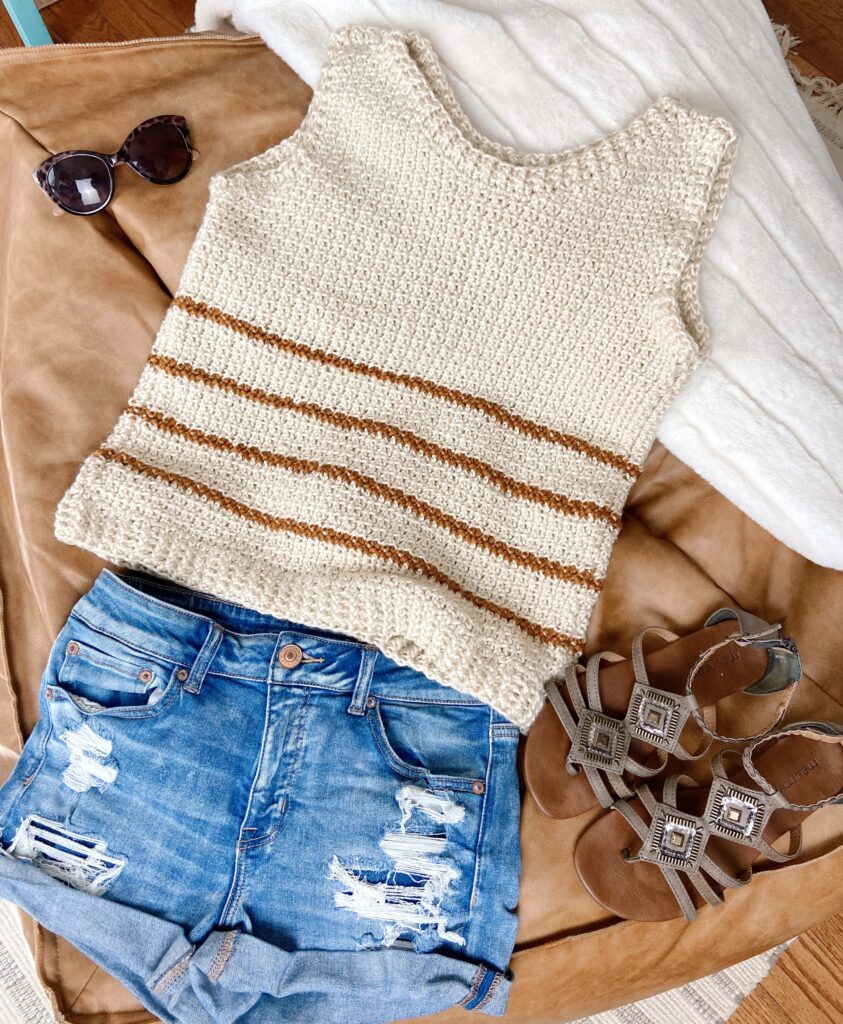 striped crochet tank with shorts and sandals