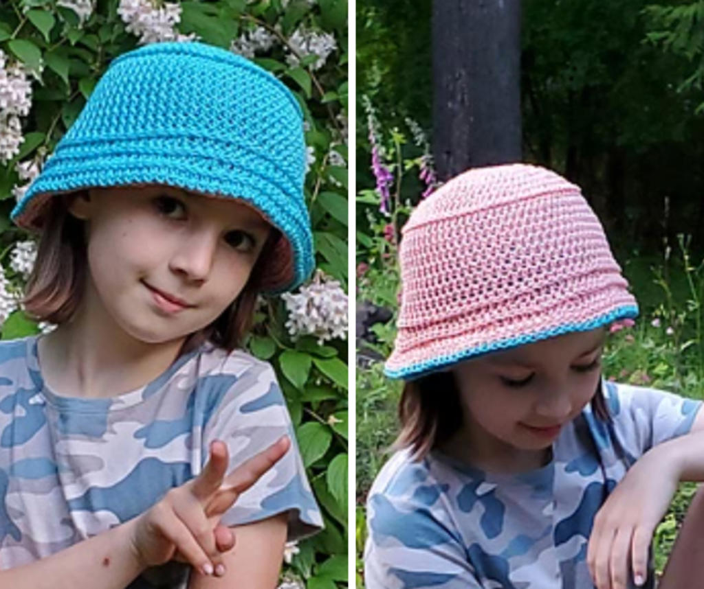 a kid wearing a reversible crochet Bucket Hat