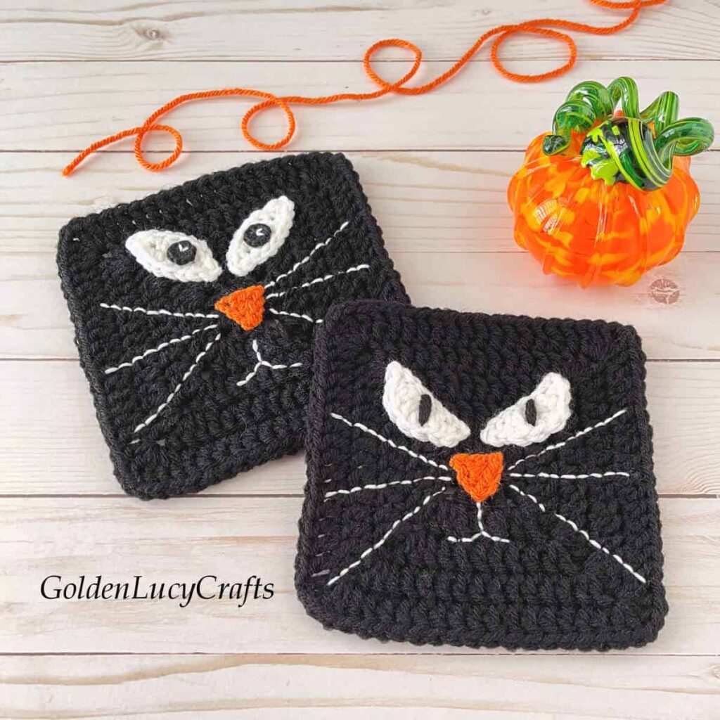 black crochet cat granny square