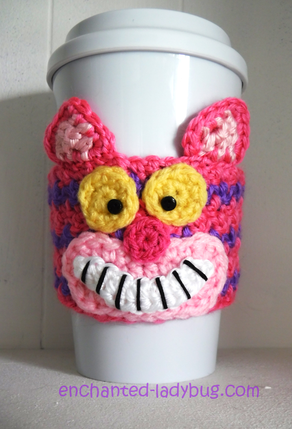 crochet cheshire cat coffee cup cozy