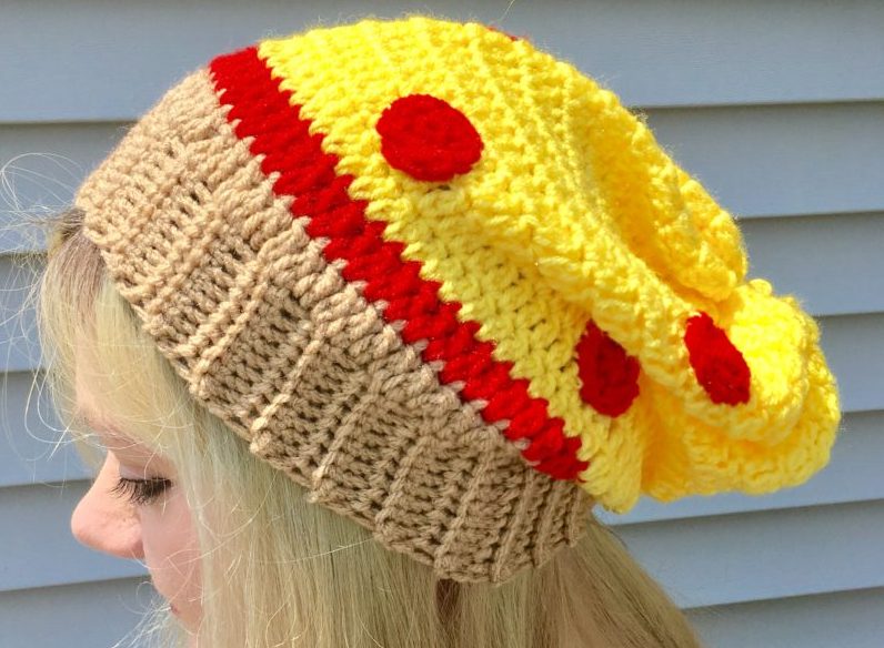 woman wearing pizza slouchy hat crochet