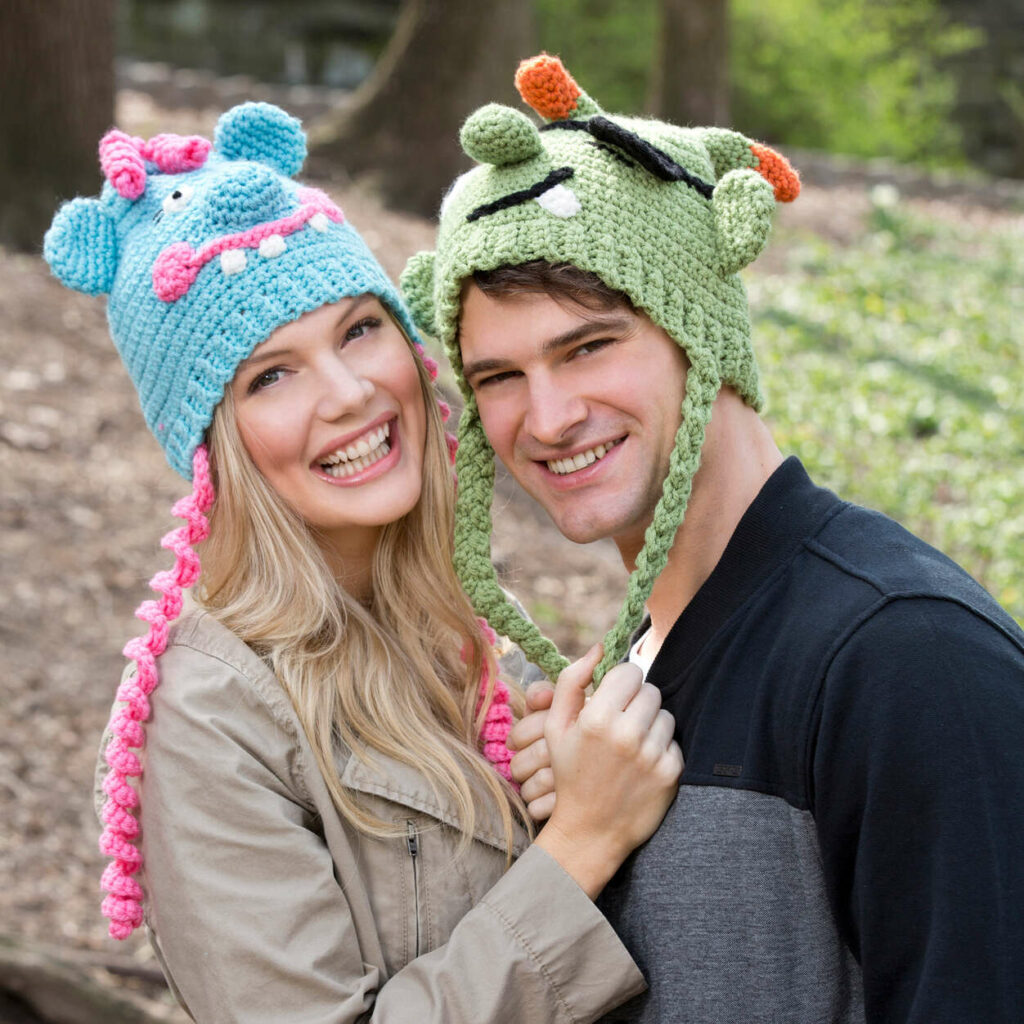 couple wearing monster hat crochet
