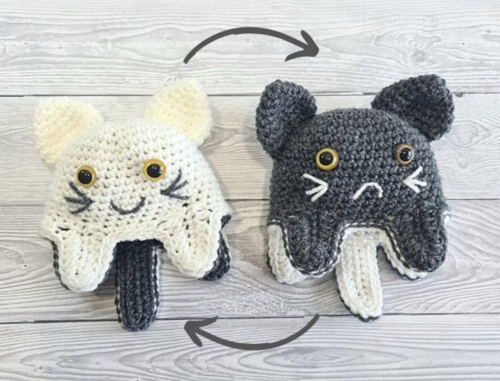 reversible crochet cat mood toy 